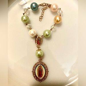 NWOT Catholic Rosary Bracelet - Gold Tone - Multi Colored Beads Clear Crystals